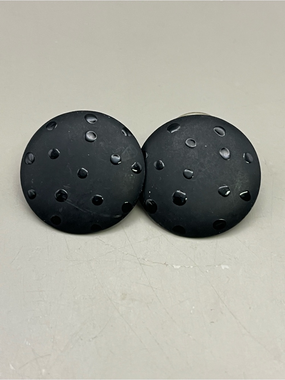 Vintage 80s Black Polka Dot Disc Stud Earrings Large Round Matte Button Earrings